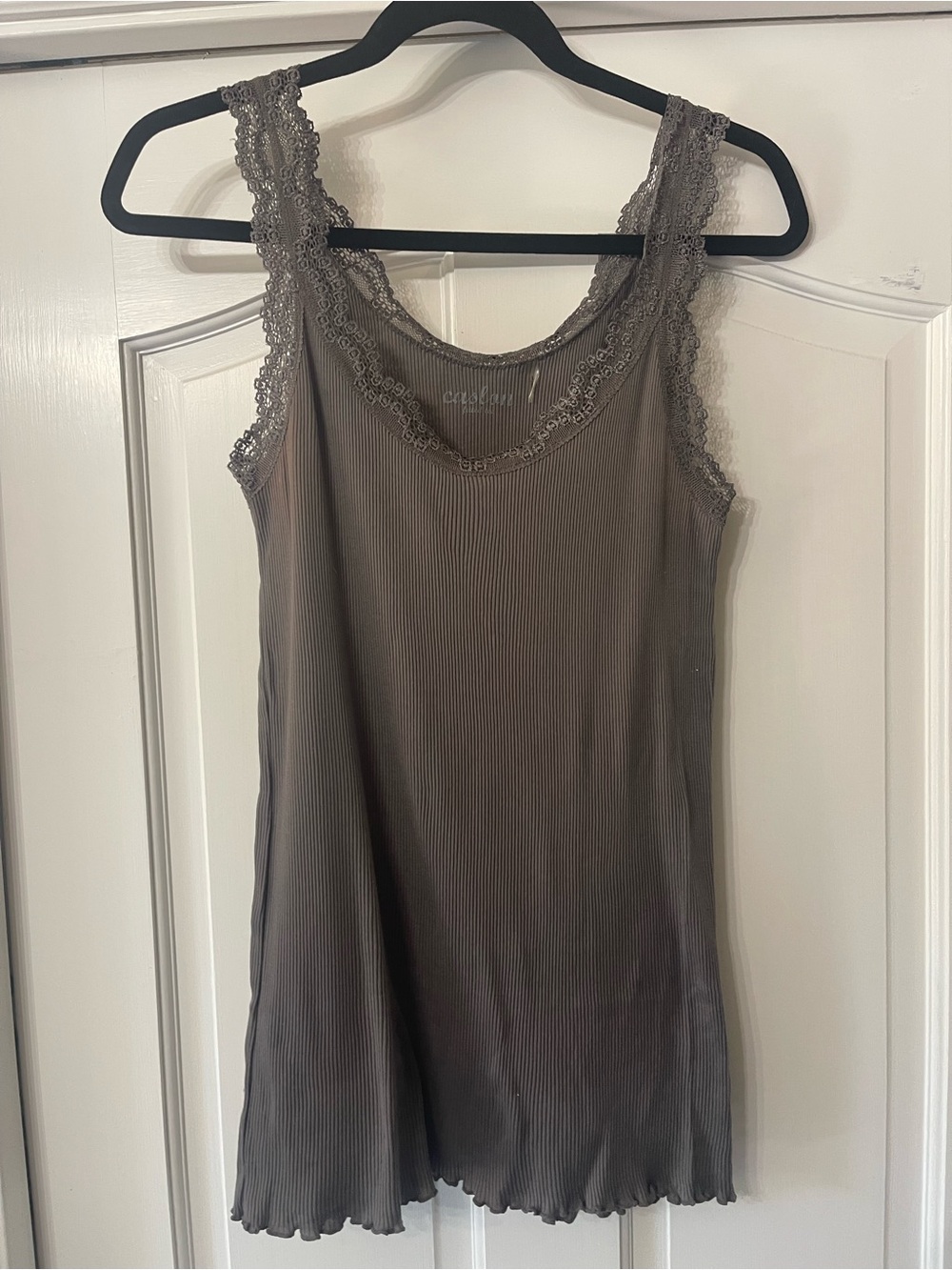 Caslon Ribbed Knit Top in Taupe with Crochet Trim